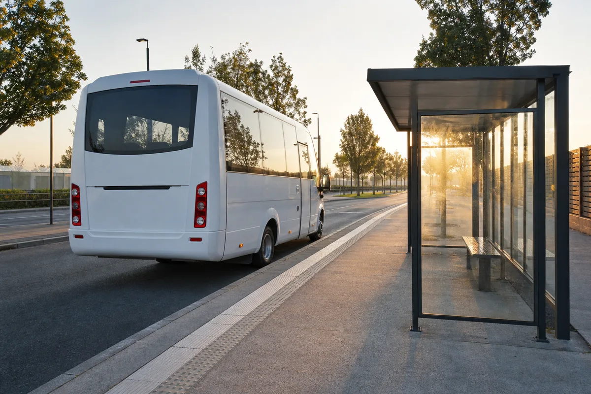 Quai d'embarquement d'une gare routière avec panneau d'affichage et voyageurs attendant leur navette