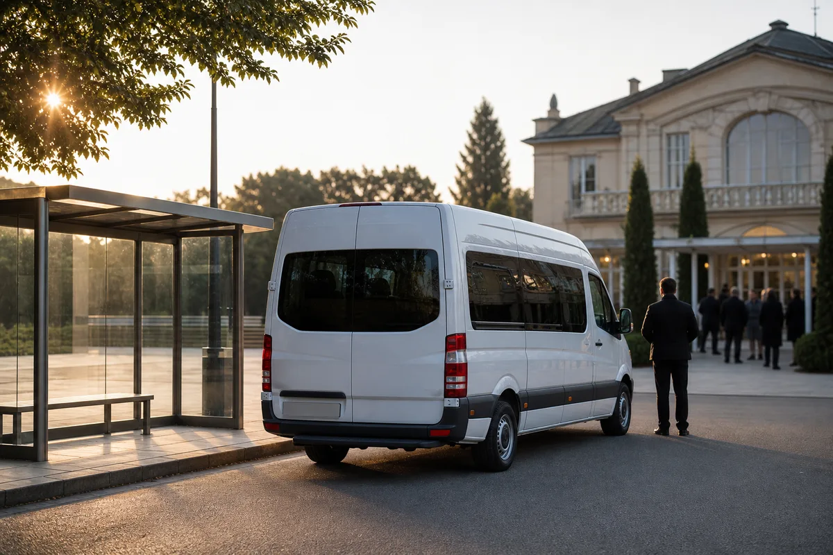 Minibus avec chauffeur attendant un groupe devant un lieu de réception