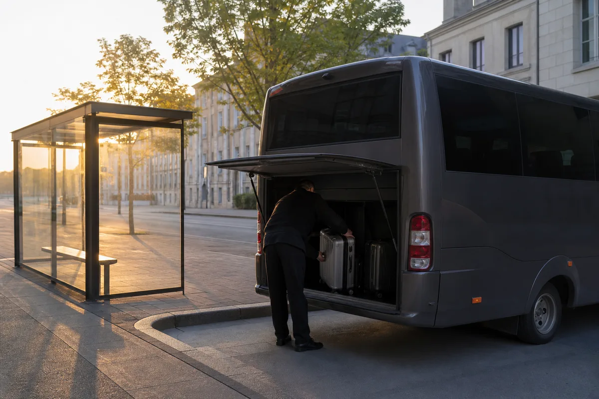 Chauffeur chargeant des bagages dans la soute d&rsquo;une navette privatisée