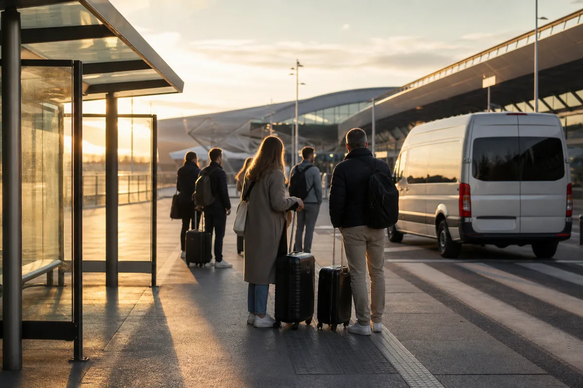 Voyageurs avec valises attendant une navette devant le hall des départs