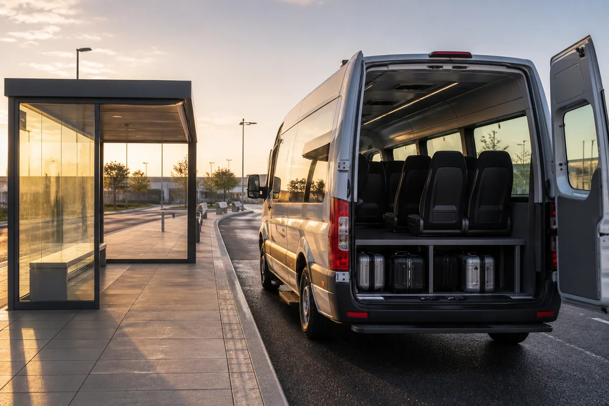 Intérieur d&rsquo;un minibus de navette avec espace bagages et sièges alignés