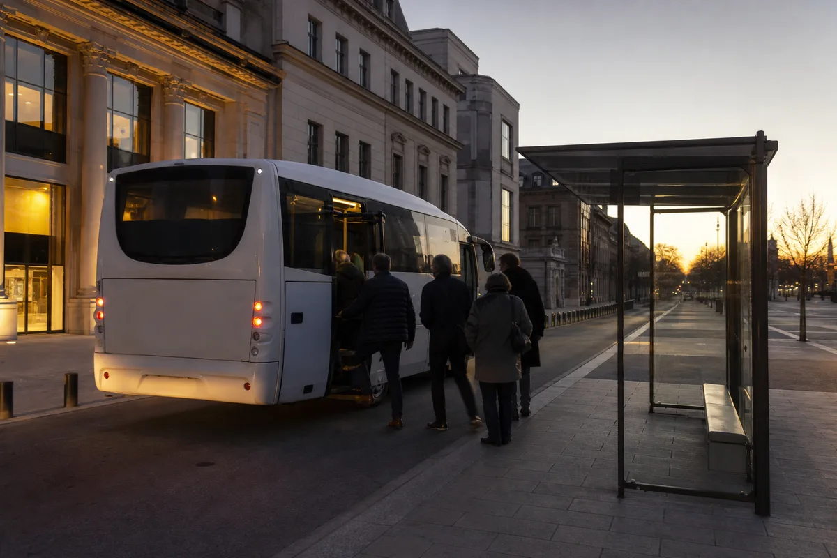 Passagers montant dans une navette de nuit devant une salle de spectacle éclairée