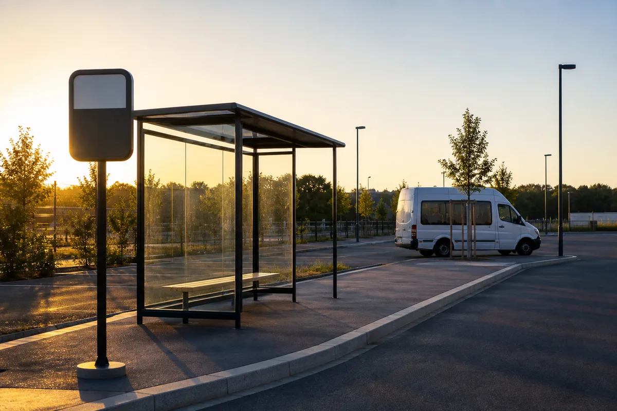Panneau indiquant le point de rendez-vous d’une navette nocturne sur un parking