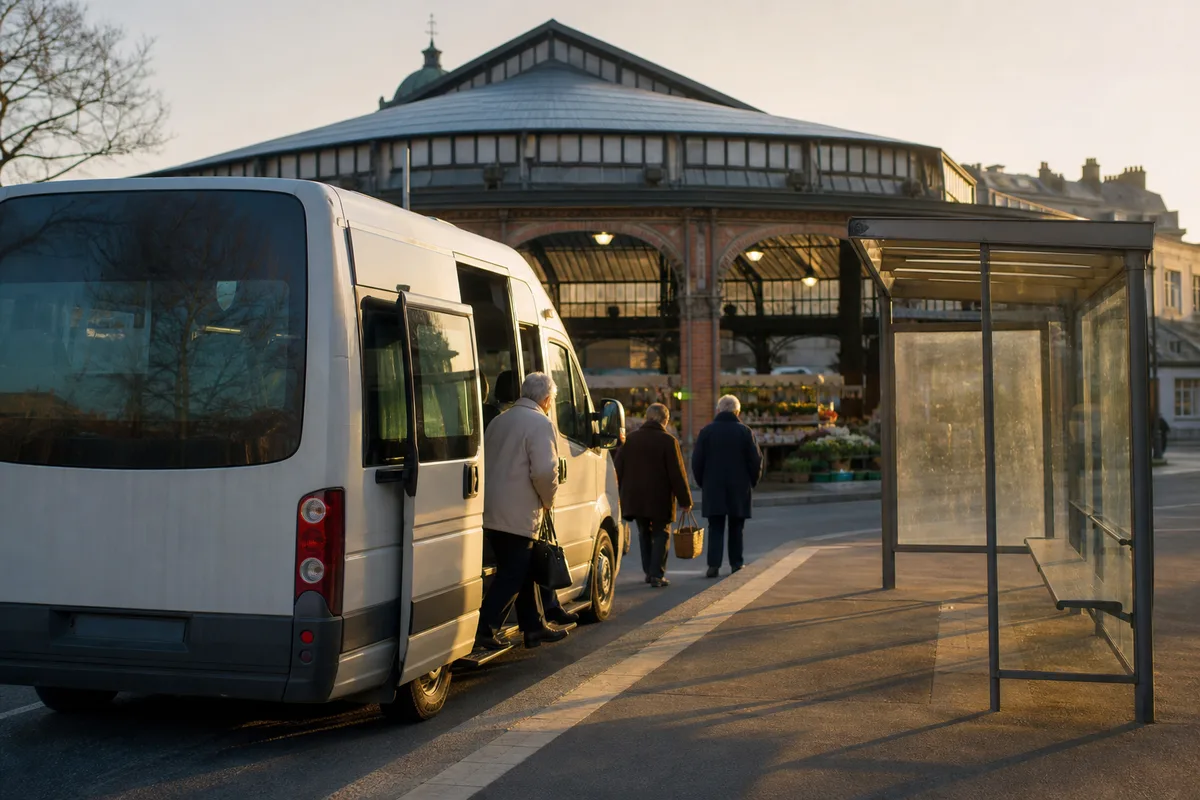 Passagers âgés descendant d&rsquo;une navette municipale devant un marché couvert