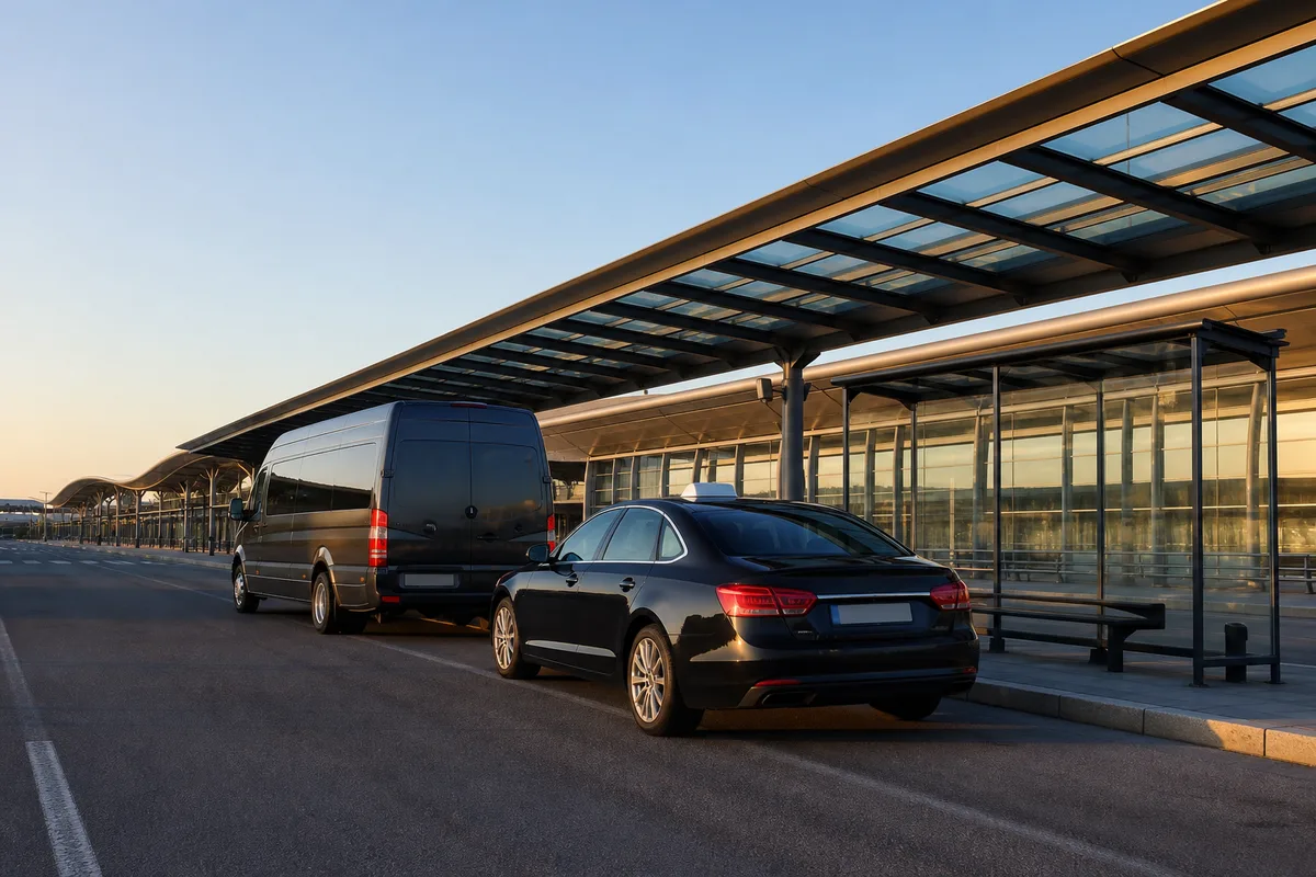 Une navette et un taxi stationnés côte à côte devant un terminal d’aéroport