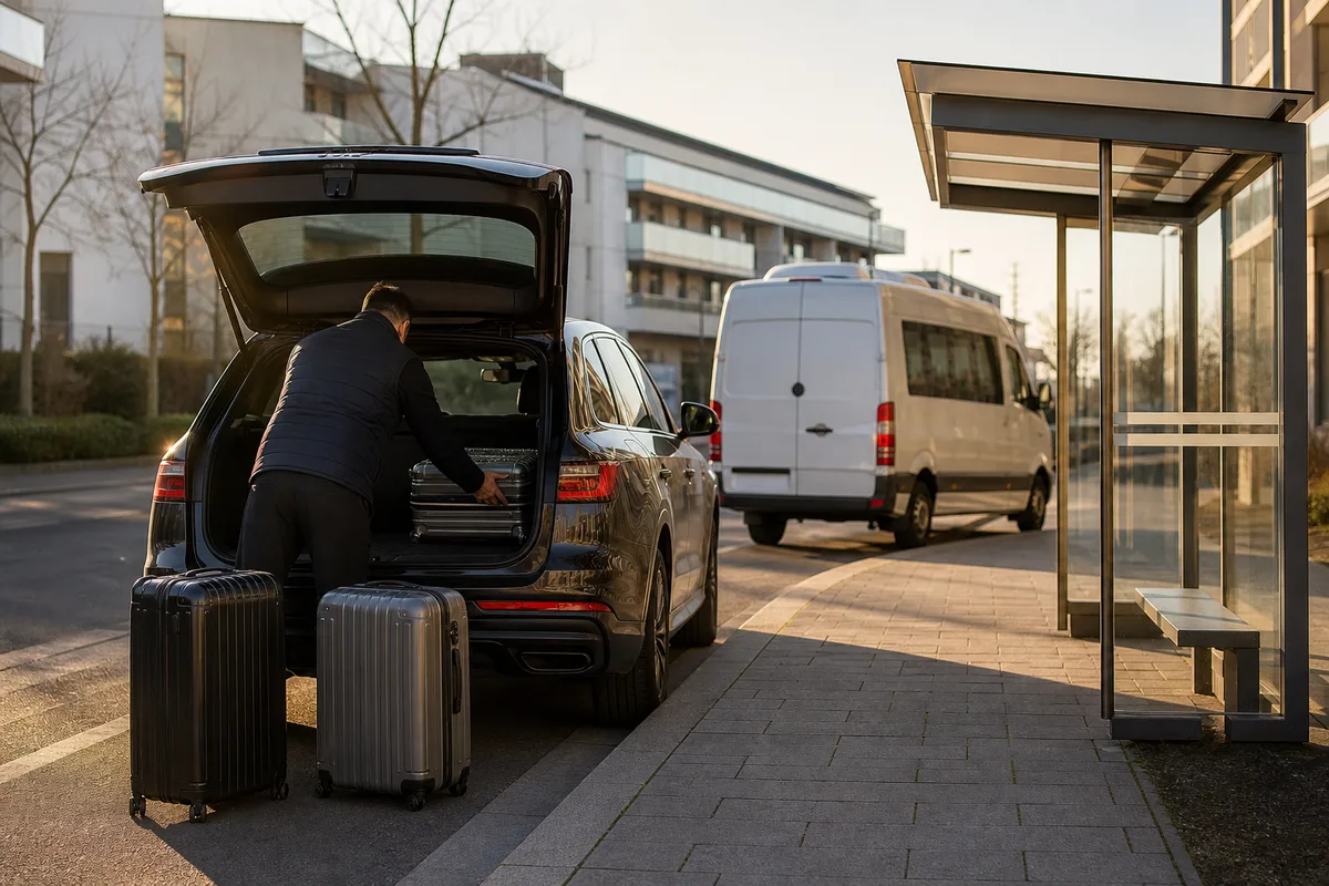 Un chauffeur chargeant des valises dans le coffre d’un véhicule devant un immeuble