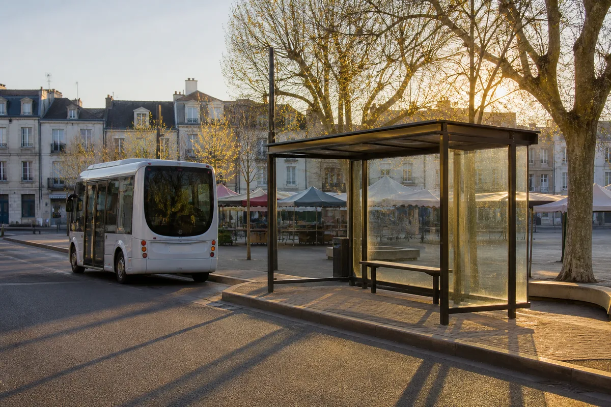 Petit véhicule de navette urbaine gratuite à l&rsquo;arrêt devant une place de marché