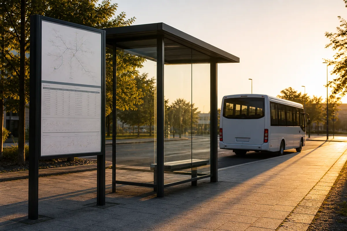 Panneau d&rsquo;arrêt de navette avec plan de ligne et horaires affichés
