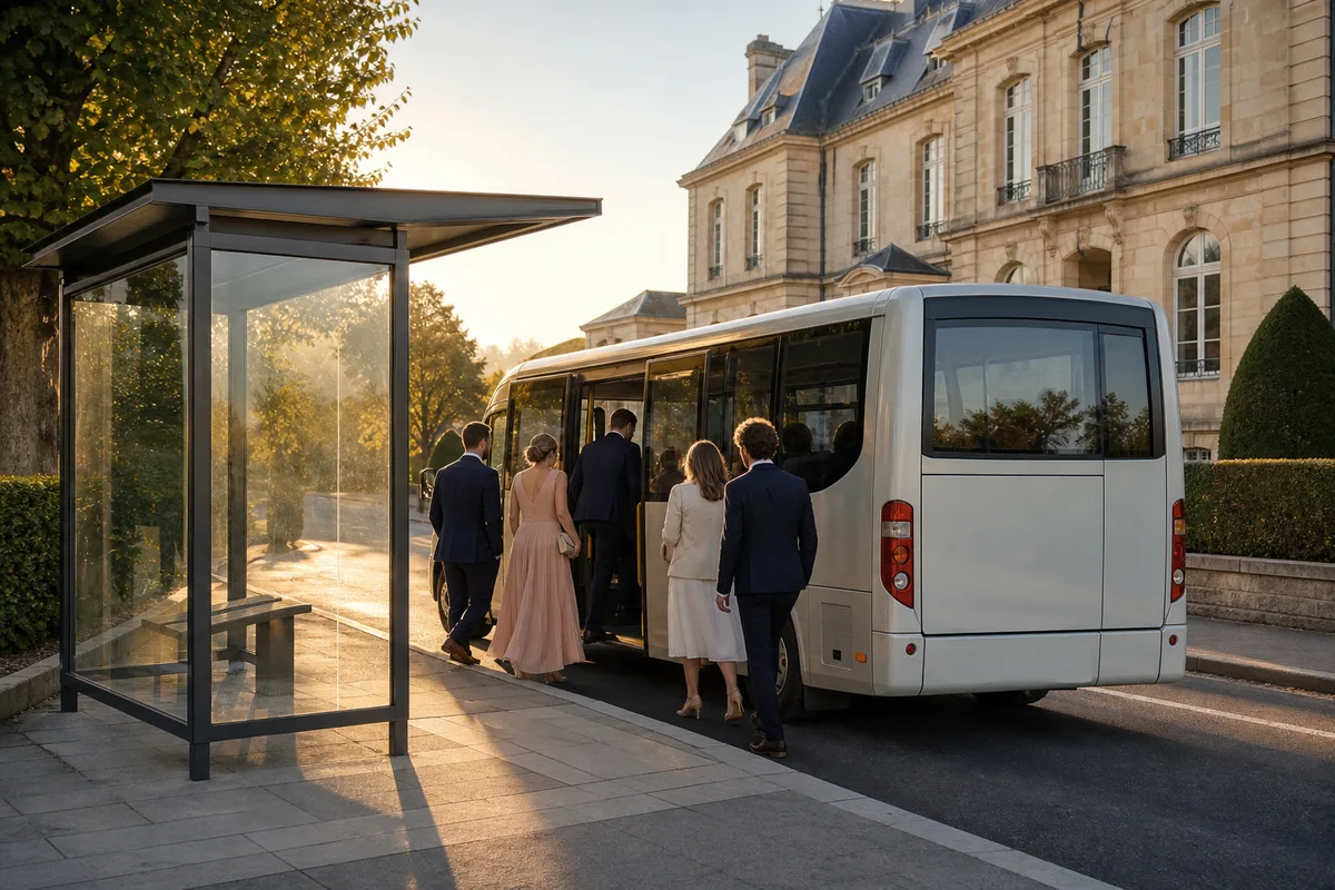 Invités en tenue de mariage montant à bord d&rsquo;une navette devant une mairie