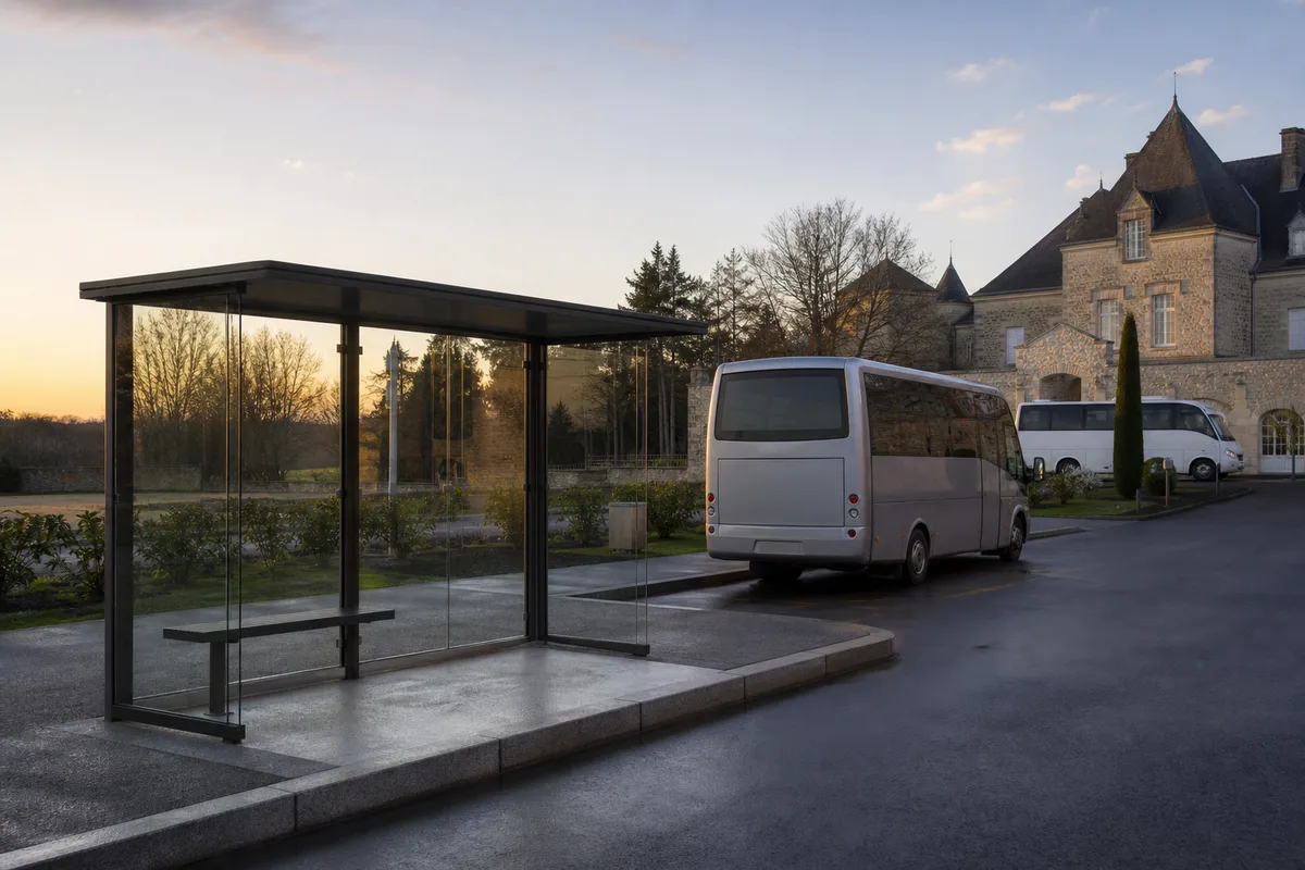 Autocar stationné devant un domaine de réception à la tombée de la nuit