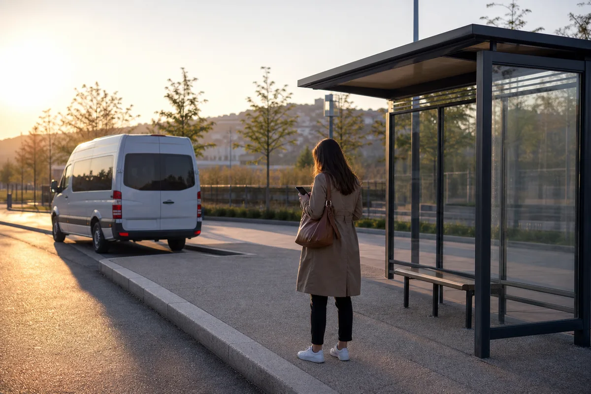 Voyageuse consultant son téléphone à un arrêt de transport à la demande